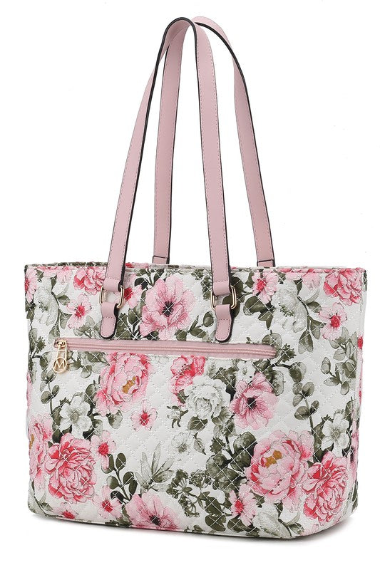 MKF Collection Quilted Cotton Botanical Tote Bag with Gold-tone Hardware and Multiple Pockets for Organization