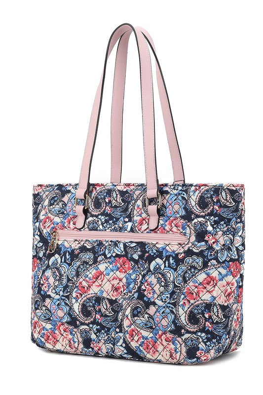 MKF Collection Quilted Cotton Botanical Tote Bag with Gold-tone Hardware and Multiple Pockets for Organization