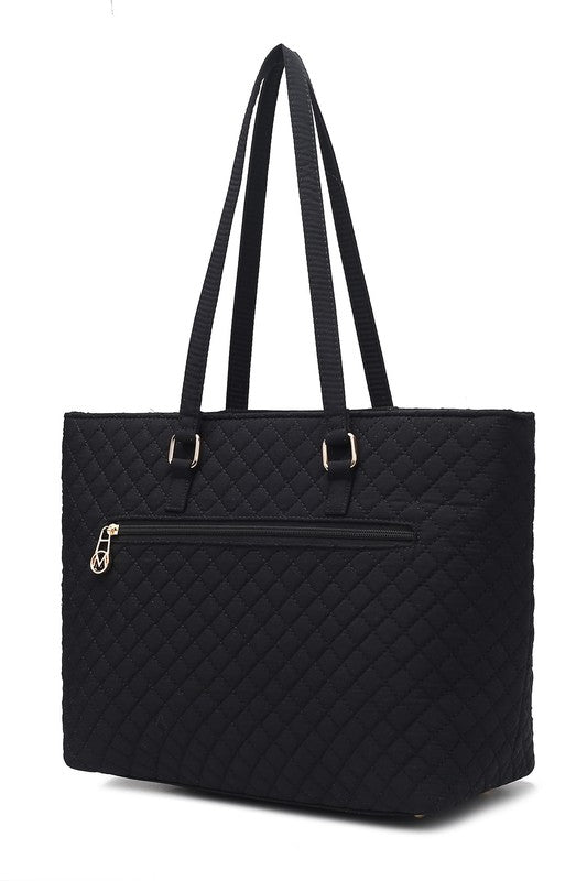 MKF Collection Solid Quilted Cotton Tote Bag with Gold-Tone Hardware, 11 Inch Handle Drop, Interior and Exterior Pockets