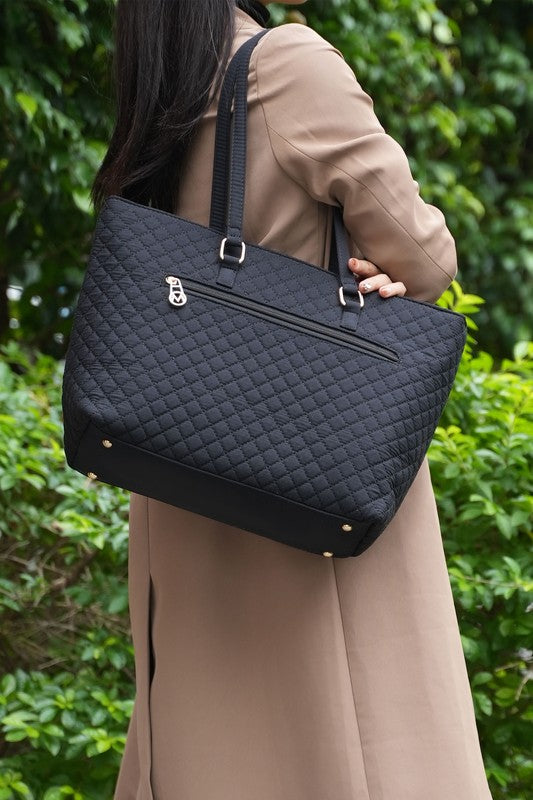 MKF Collection Solid Quilted Cotton Tote Bag with Gold-Tone Hardware, 11 Inch Handle Drop, Interior and Exterior Pockets