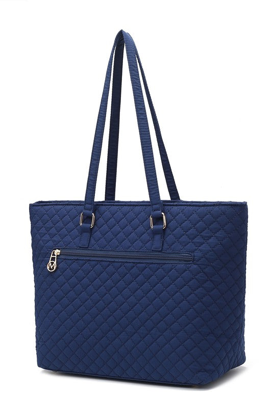 MKF Collection Solid Quilted Cotton Tote Bag with Gold-Tone Hardware, 11 Inch Handle Drop, Interior and Exterior Pockets