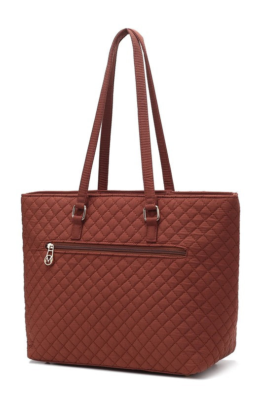 MKF Collection Solid Quilted Cotton Tote Bag with Gold-Tone Hardware, 11 Inch Handle Drop, Interior and Exterior Pockets