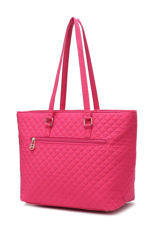 MKF Collection Solid Quilted Cotton Tote Bag with Gold-Tone Hardware, 11 Inch Handle Drop, Interior and Exterior Pockets