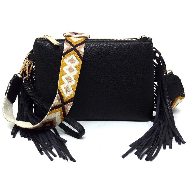 Aztec Guitar Strap Fringe Clutch Crossbody Bag Faux Vegan Leather Zip Top Closure Gold-Tone Hardware Detachable Shoulder Strap