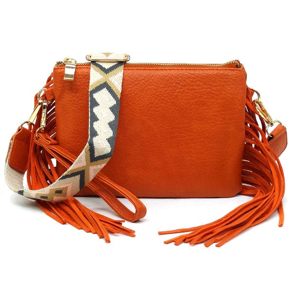 Aztec Guitar Strap Fringe Clutch Crossbody Bag Faux Vegan Leather Zip Top Closure Gold-Tone Hardware Detachable Shoulder Strap