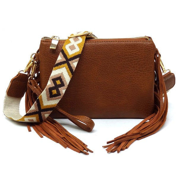 Aztec Guitar Strap Fringe Clutch Crossbody Bag Faux Vegan Leather Zip Top Closure Gold-Tone Hardware Detachable Shoulder Strap