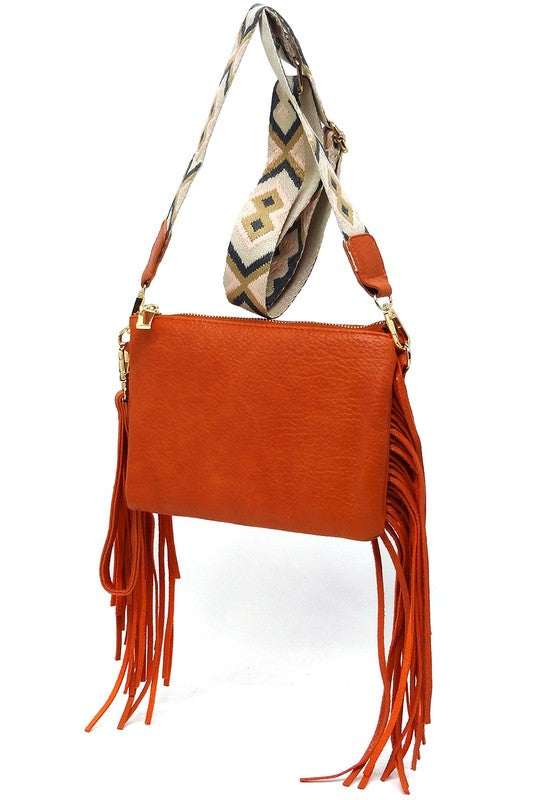 Aztec Guitar Strap Fringe Clutch Crossbody Bag Faux Vegan Leather Zip Top Closure Gold-Tone Hardware Detachable Shoulder Strap