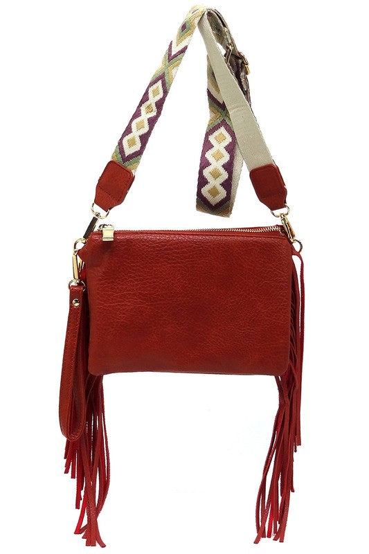 Aztec Guitar Strap Fringe Clutch Crossbody Bag Faux Vegan Leather Zip Top Closure Gold-Tone Hardware Detachable Shoulder Strap