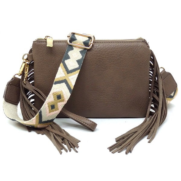Aztec Guitar Strap Fringe Clutch Crossbody Bag Faux Vegan Leather Zip Top Closure Gold-Tone Hardware Detachable Shoulder Strap