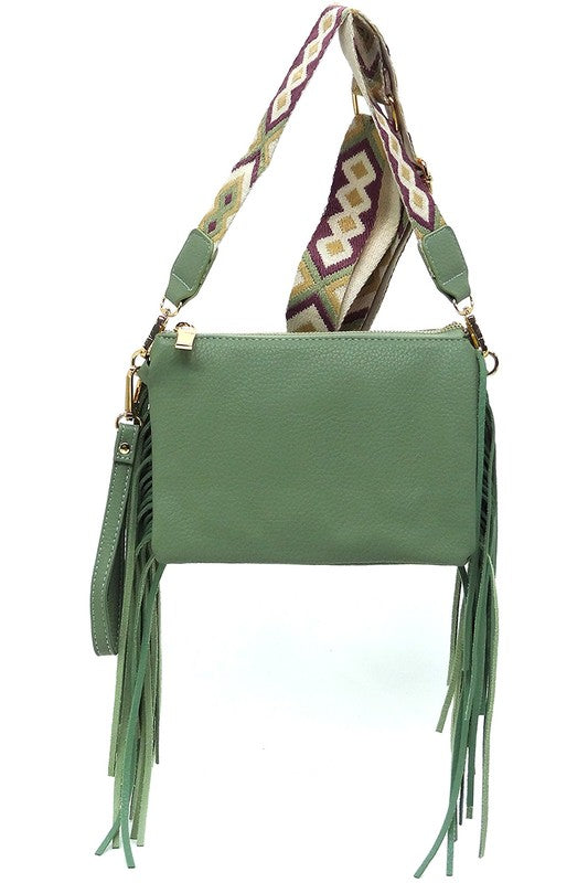 Aztec Guitar Strap Fringe Clutch Crossbody Bag Faux Vegan Leather Zip Top Closure Gold-Tone Hardware Detachable Shoulder Strap