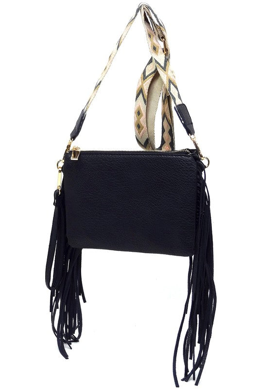 Aztec Guitar Strap Fringe Clutch Crossbody Bag Faux Vegan Leather Zip Top Closure Gold-Tone Hardware Detachable Shoulder Strap