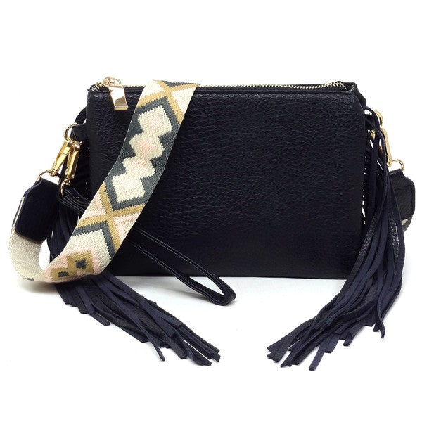 Aztec Guitar Strap Fringe Clutch Crossbody Bag Faux Vegan Leather Zip Top Closure Gold-Tone Hardware Detachable Shoulder Strap