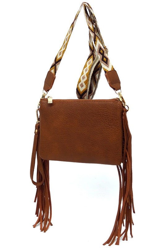 Aztec Guitar Strap Fringe Clutch Crossbody Bag Faux Vegan Leather Zip Top Closure Gold-Tone Hardware Detachable Shoulder Strap