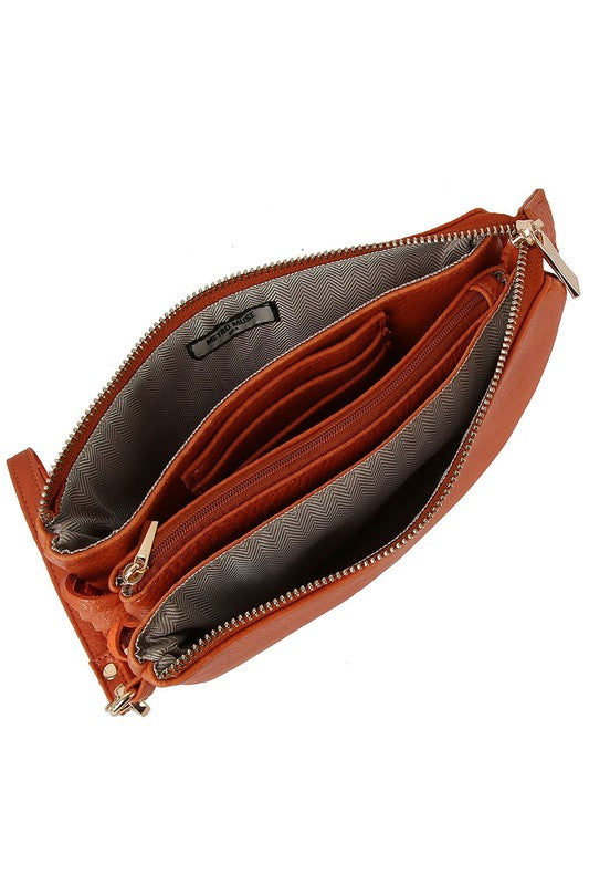 Aztec Guitar Strap Fringe Clutch Crossbody Bag Faux Vegan Leather Zip Top Closure Gold-Tone Hardware Detachable Shoulder Strap