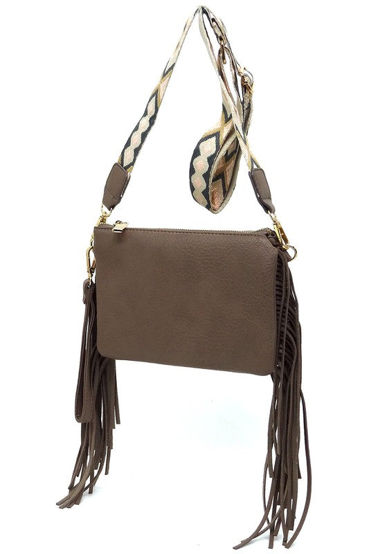 Aztec Guitar Strap Fringe Clutch Crossbody Bag Faux Vegan Leather Zip Top Closure Gold-Tone Hardware Detachable Shoulder Strap