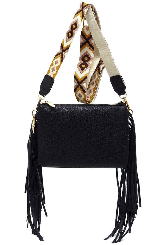 Aztec Guitar Strap Fringe Clutch Crossbody Bag Faux Vegan Leather Zip Top Closure Gold-Tone Hardware Detachable Shoulder Strap