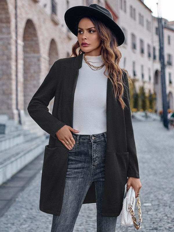 Long Open Front Blazer for Women Casual Chic Layering Elegance Relaxed Fit Versatile Day to Night Style