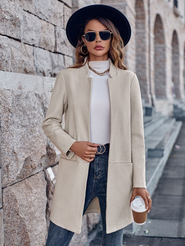 Long Open Front Blazer for Women Casual Chic Layering Elegance Relaxed Fit Versatile Day to Night Style