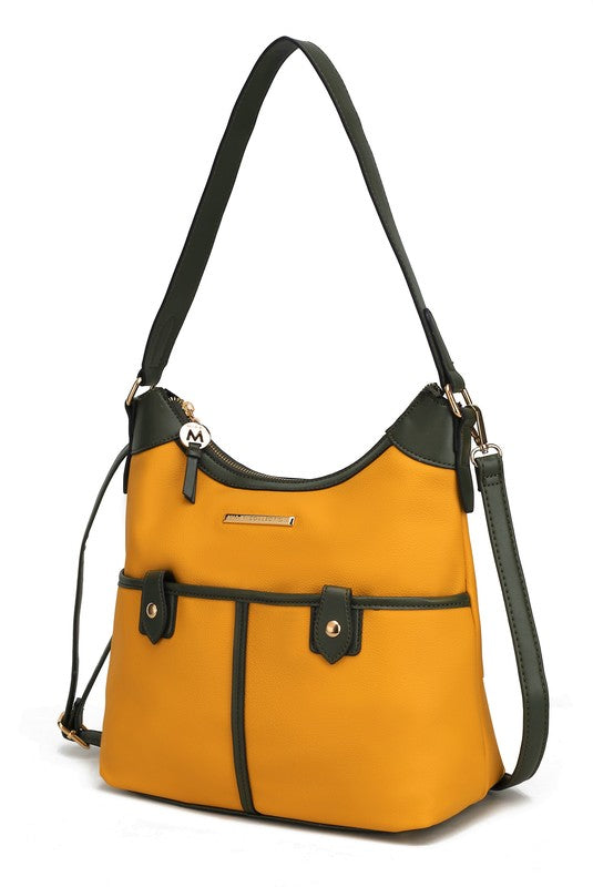 MKF Harper Vegan Leather Shoulder Bag with Gold-tone Hardware Adjustable Strap Interior Pockets Color Block Design