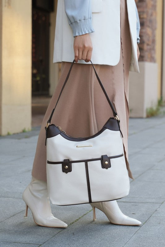 MKF Harper Vegan Leather Shoulder Bag with Gold-tone Hardware Adjustable Strap Interior Pockets Color Block Design