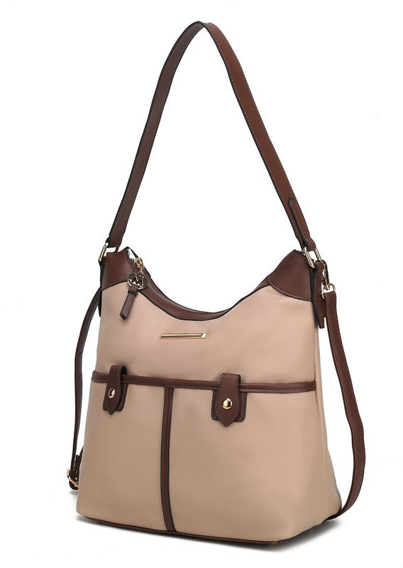 MKF Harper Vegan Leather Shoulder Bag with Gold-tone Hardware Adjustable Strap Interior Pockets Color Block Design