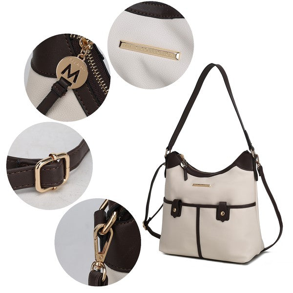 MKF Harper Vegan Leather Shoulder Bag with Gold-tone Hardware Adjustable Strap Interior Pockets Color Block Design