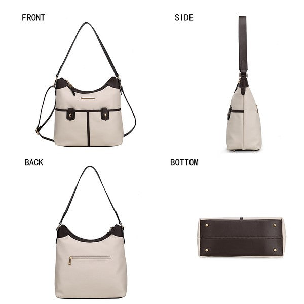 MKF Harper Vegan Leather Shoulder Bag with Gold-tone Hardware Adjustable Strap Interior Pockets Color Block Design