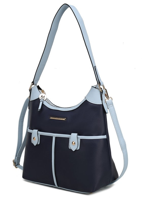 MKF Harper Vegan Leather Shoulder Bag with Gold-tone Hardware Adjustable Strap Interior Pockets Color Block Design