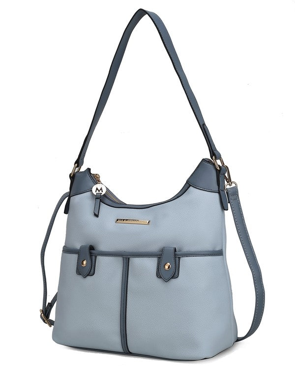 MKF Harper Vegan Leather Shoulder Bag with Gold-tone Hardware Adjustable Strap Interior Pockets Color Block Design