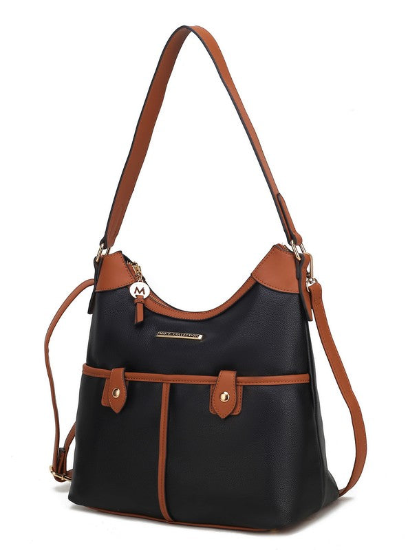 MKF Harper Vegan Leather Shoulder Bag with Gold-tone Hardware Adjustable Strap Interior Pockets Color Block Design