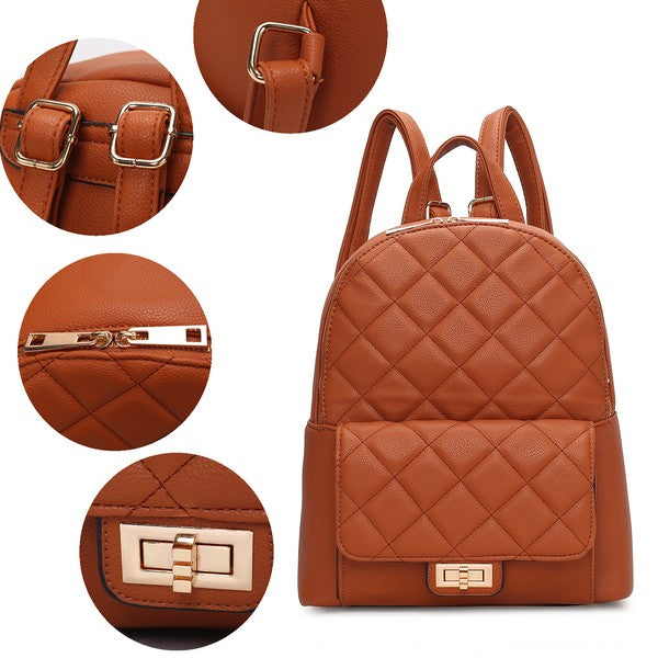 MKF Dimitria Quilted Women's Backpack with Adjustable Strap, Zipper Closure, Front Turn-Lock Pocket, and Protective Feet