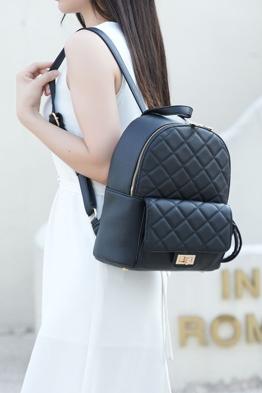 MKF Dimitria Quilted Women's Backpack with Adjustable Strap, Zipper Closure, Front Turn-Lock Pocket, and Protective Feet