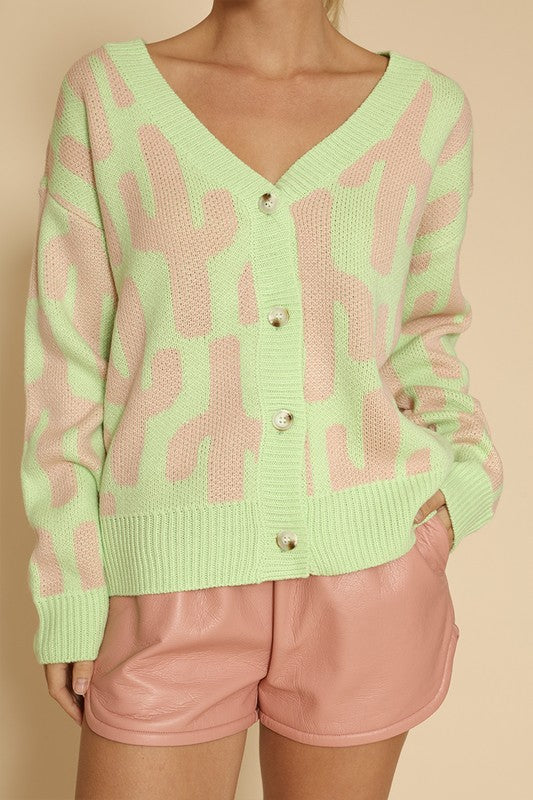 Cactus Print Knit Cardigan V-Neck Button Front Long Sleeve Relaxed Fit Women's Fashion
