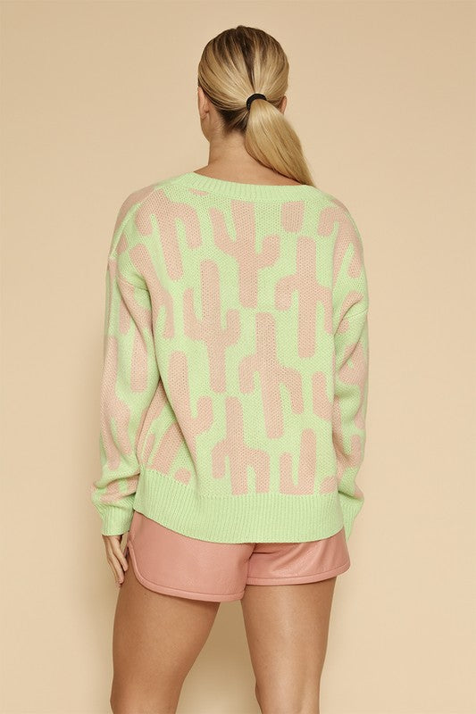 Cactus Print Knit Cardigan V-Neck Button Front Long Sleeve Relaxed Fit Women's Fashion