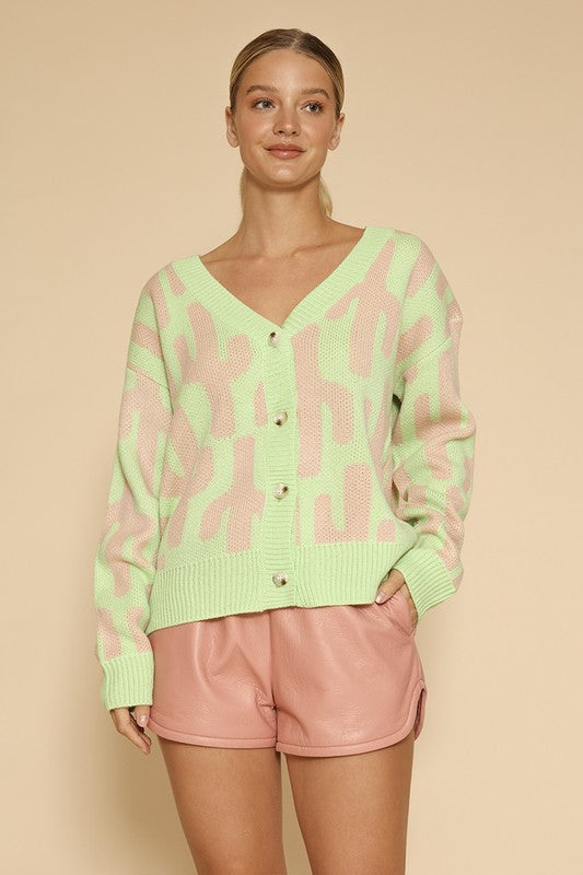Cactus Print Knit Cardigan V-Neck Button Front Long Sleeve Relaxed Fit Women's Fashion