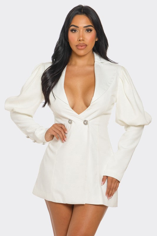 Ivory Puff Sleeve Blazer Dress with Double-Breasted Design, Deep V-Neck, Tailored Fit, and Mini Length