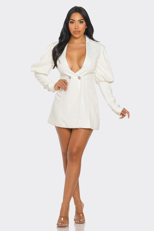 Ivory Puff Sleeve Blazer Dress with Double-Breasted Design, Deep V-Neck, Tailored Fit, and Mini Length