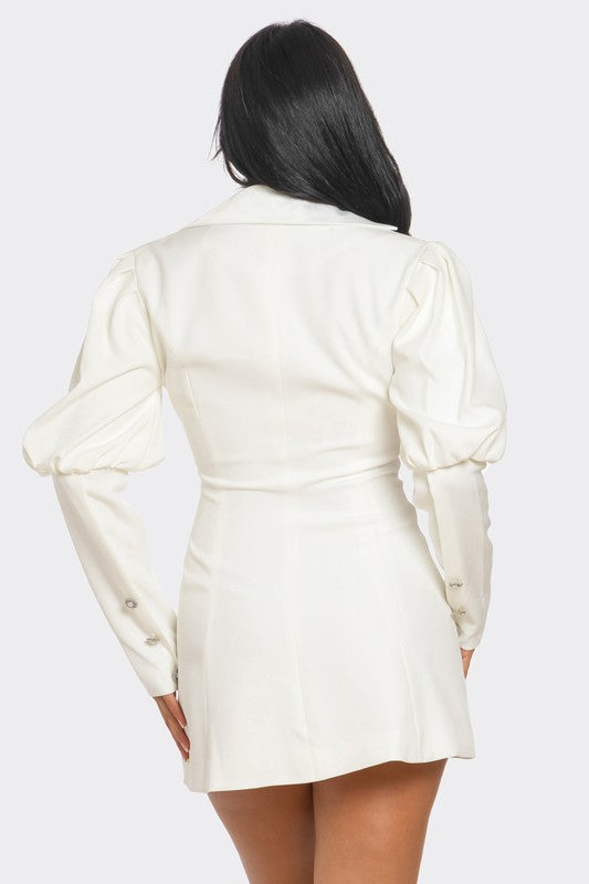 Ivory Puff Sleeve Blazer Dress with Double-Breasted Design, Deep V-Neck, Tailored Fit, and Mini Length