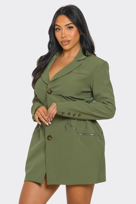 Tailored Utility Blazer Dress with Cinched Waist and Pockets for Versatile Style