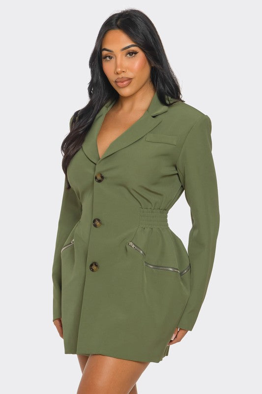 Tailored Utility Blazer Dress with Cinched Waist and Pockets for Versatile Style