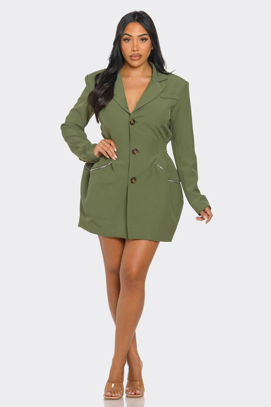Tailored Utility Blazer Dress with Cinched Waist and Pockets for Versatile Style
