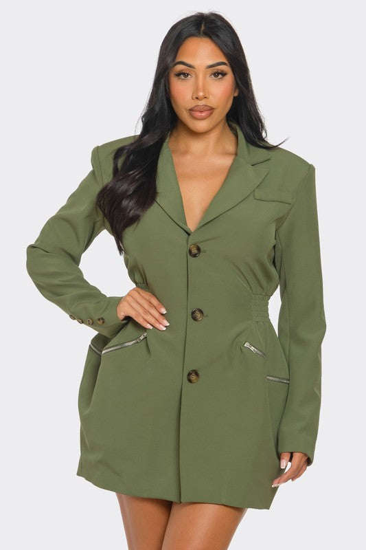 Tailored Utility Blazer Dress with Cinched Waist and Pockets for Versatile Style