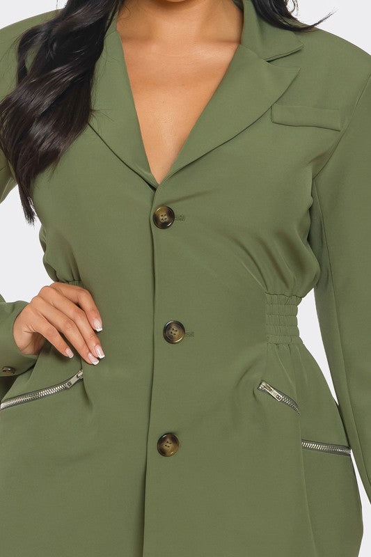 Tailored Utility Blazer Dress with Cinched Waist and Pockets for Versatile Style