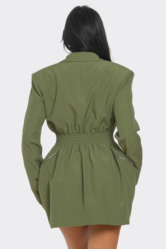 Tailored Utility Blazer Dress with Cinched Waist and Pockets for Versatile Style