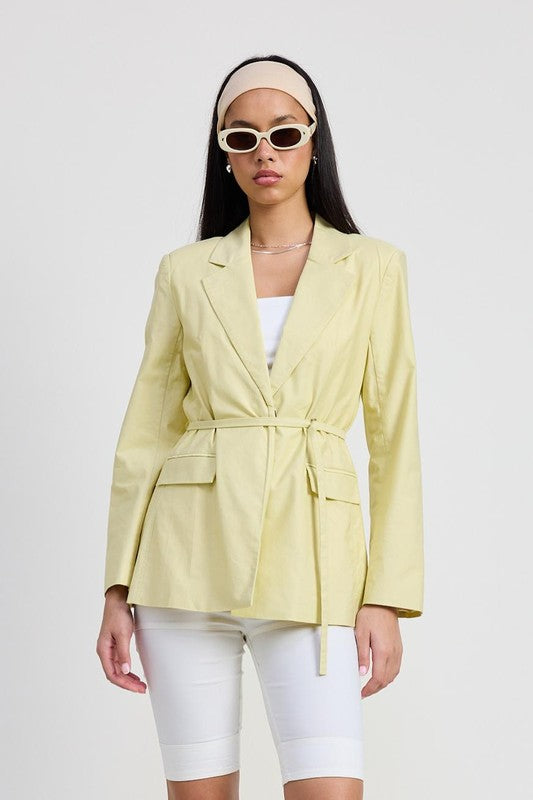 Cotton Spandex Blazer with Waist Belt for Flattering Silhouette and Versatile Styling for Casual or Dressy Occasions