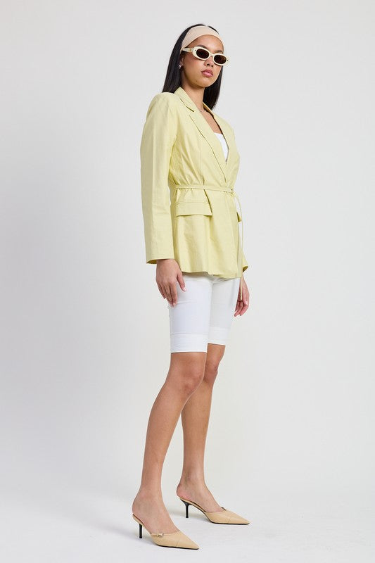 Cotton Spandex Blazer with Waist Belt for Flattering Silhouette and Versatile Styling for Casual or Dressy Occasions