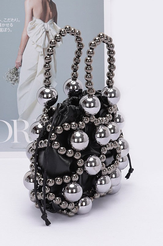 Metallic Beaded Petite Party Swing Bag with Drawstring Closure Polyurethane CCB Mix Metal 7x5x2 Inches