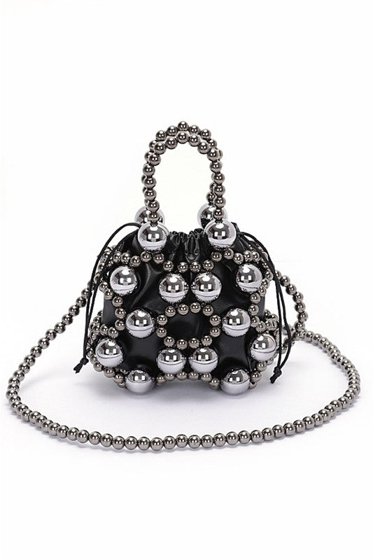 Metallic Beaded Petite Party Swing Bag with Drawstring Closure Polyurethane CCB Mix Metal 7x5x2 Inches