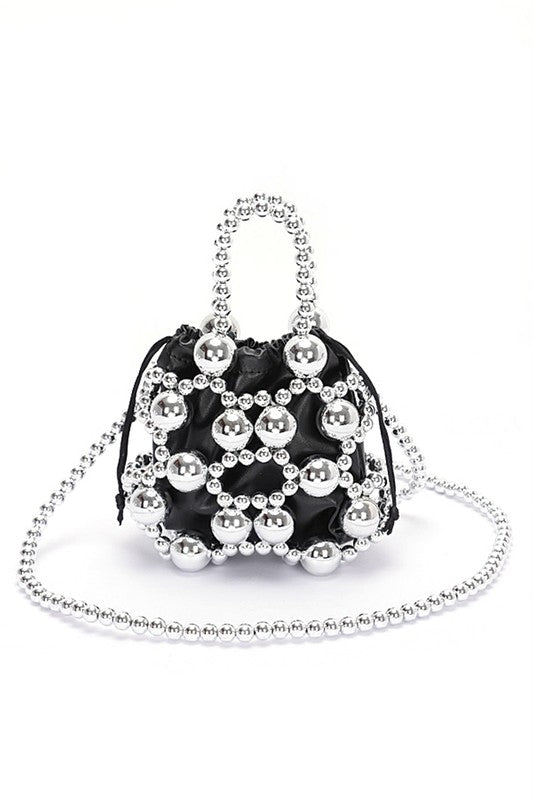Metallic Beaded Petite Party Swing Bag with Drawstring Closure Polyurethane CCB Mix Metal 7x5x2 Inches