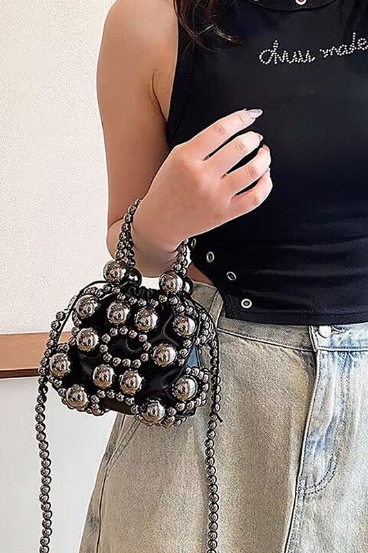 Metallic Beaded Petite Party Swing Bag with Drawstring Closure Polyurethane CCB Mix Metal 7x5x2 Inches